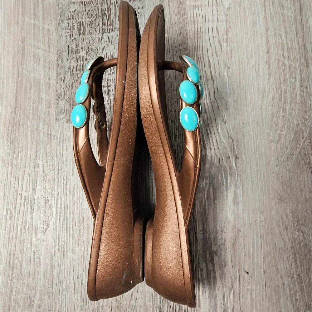 Oka-B Womens Turquoise Cabochon Wedge Sandals ML 8.5-9.5 Copper Southwestern